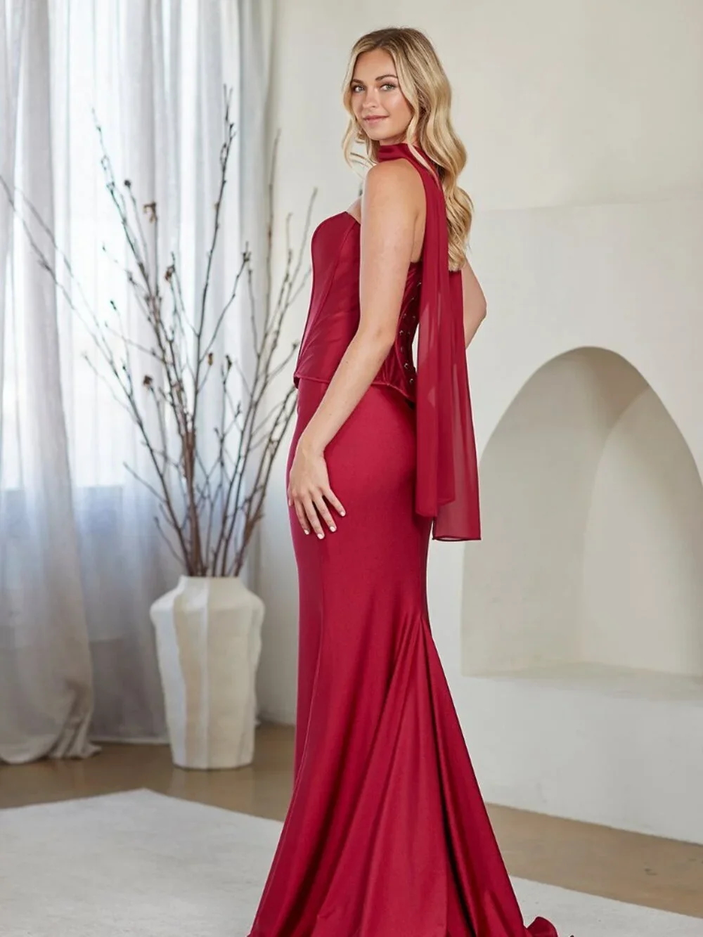 New Burgundy Elegant Two Piece Set Gown w/ Matching Scarf & Scoop Neck AC JQ1105